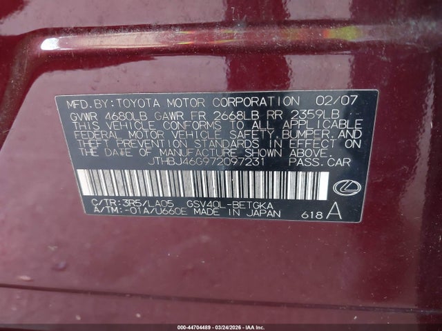 Продаж на аукціоні авто 2007 Lexus Es 350, vin: JTHBJ46G972097231, номер лоту: 44704489