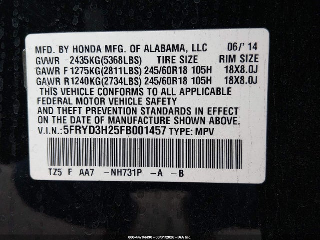 Продажа на аукционе авто 2015 Acura Mdx, vin: 5FRYD3H25FB001457, номер лота: 44704490