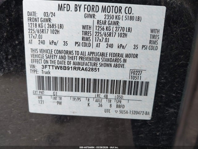 Aukcja sprzedaży 2024 Ford Maverick Xl, vin: 3FTTW8B91RRA62851, numer aukcji: 44704494