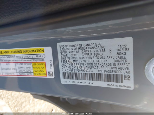 2023 Honda Civic Touring მანქანა იყიდება აუქციონზე, vin: 2HGFE1F90PH300393, აუქციონის ნომერი: 44704499