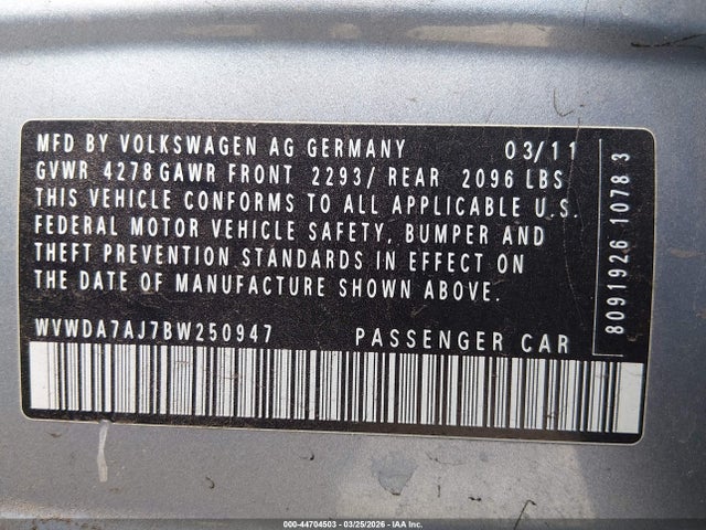 Aukcja sprzedaży 2011 Volkswagen Golf 2.5l 4-door, vin: WVWDA7AJ7BW250947, numer aukcji: 44704503
