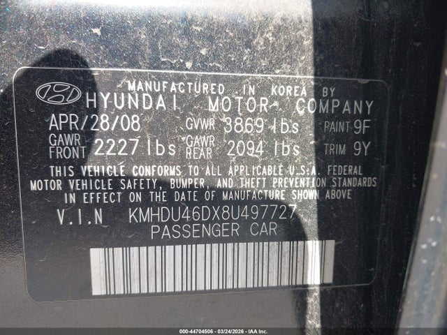 2008 HYUNDAI ELANTRA KMHDU46DX8U497727 Photo 8