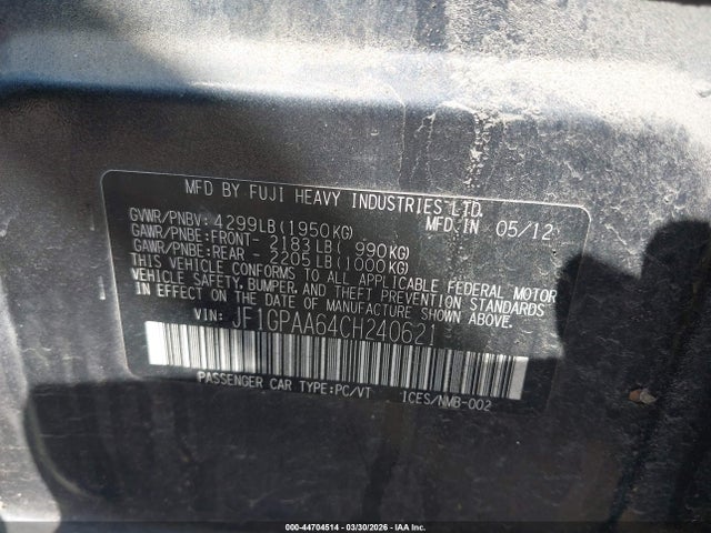 Aukcja sprzedaży 2012 Subaru Impreza 2.0i, vin: JF1GPAA64CH240621, numer aukcji: 44704514