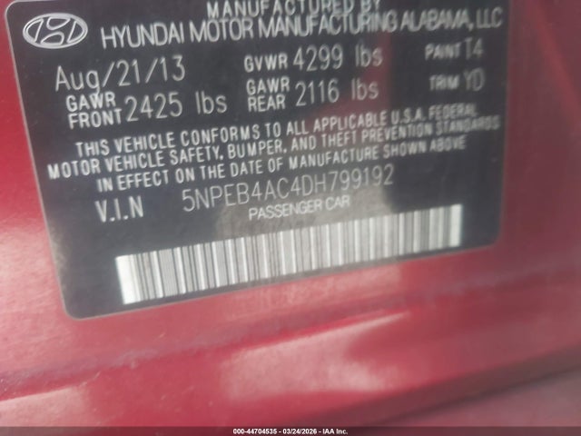 Продаж на аукціоні авто 2013 Hyundai Sonata Gls, vin: 5NPEB4AC4DH799192, номер лоту: 44704535