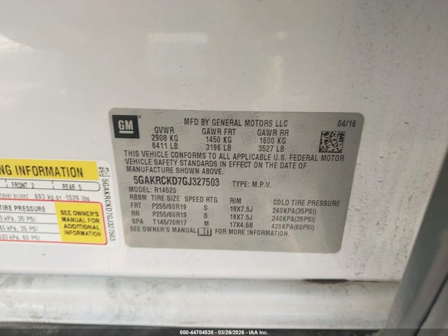 Продажа на аукционе авто 2016 Buick Enclave Premium, vin: 5GAKRCKD7GJ327503, номер лота: 44704538