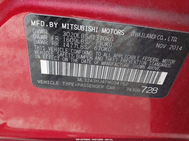 Продаж на аукціоні авто 2015 Mitsubishi Mirage De, vin: ML32A3HJ4FH034752, номер лоту: 44704545