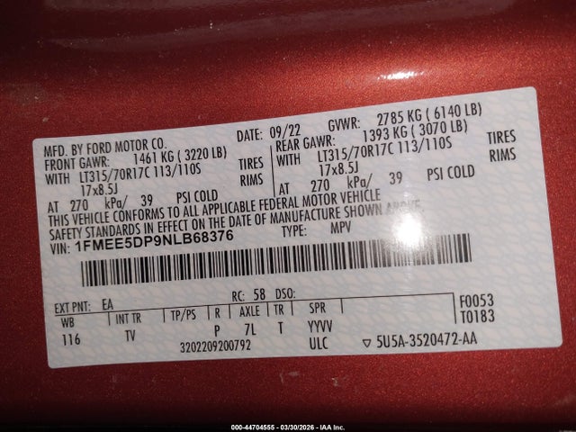 2022 Ford Bronco Wildtrak მანქანა იყიდება აუქციონზე, vin: 1FMEE5DP9NLB68376, აუქციონის ნომერი: 44704555