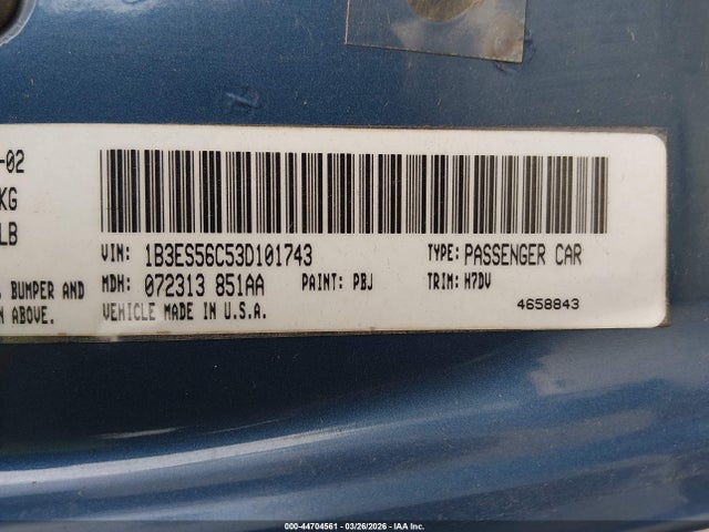 Aukcja sprzedaży 2003 Dodge Neon Sxt, vin: 1B3ES56C53D101743, numer aukcji: 44704561