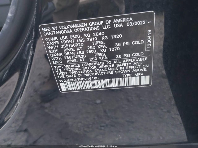 Продаж на аукціоні авто 2022 Volkswagen Atlas Cross Sport 3.6l V6 Se W/technology, vin: 1V2JE2CA7NC216180, номер лоту: 44704574