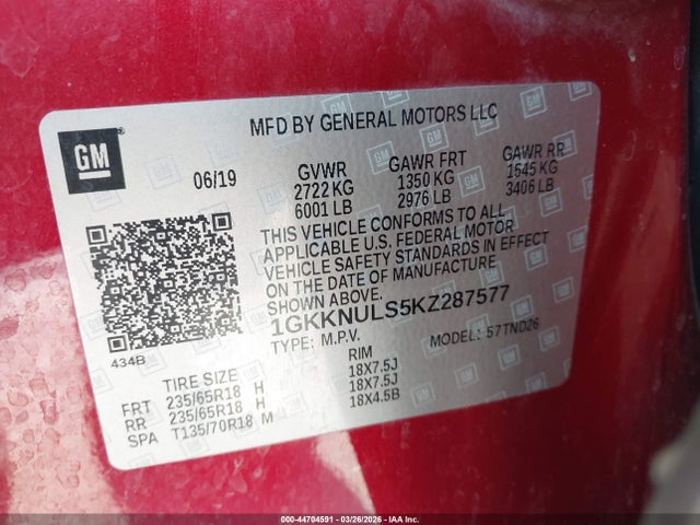 Продаж на аукціоні авто 2019 Gmc Acadia Slt-1, vin: 1GKKNULS5KZ287577, номер лоту: 44704591