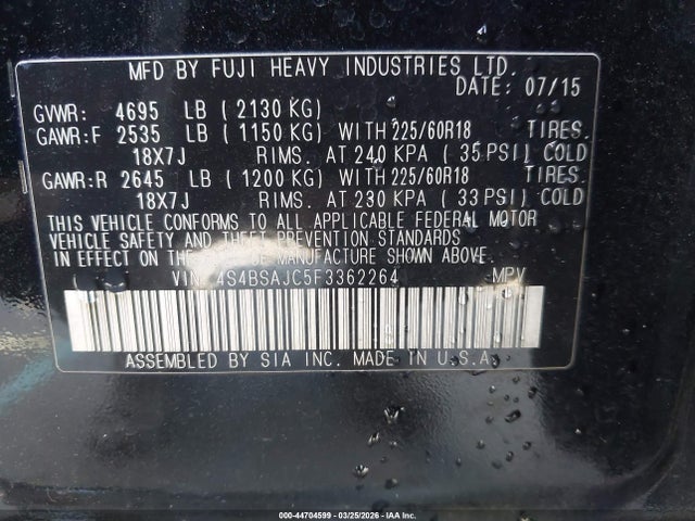 Продаж на аукціоні авто 2015 Subaru Outback 2.5i Limited, vin: 4S4BSAJC5F3362264, номер лоту: 44704599