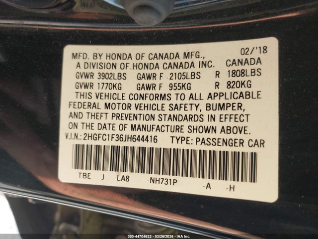 44704622 :رقم المزاد ، 2HGFC1F36JH644416 vin ، 2018 Honda Civic Ex-t مزاد بيع