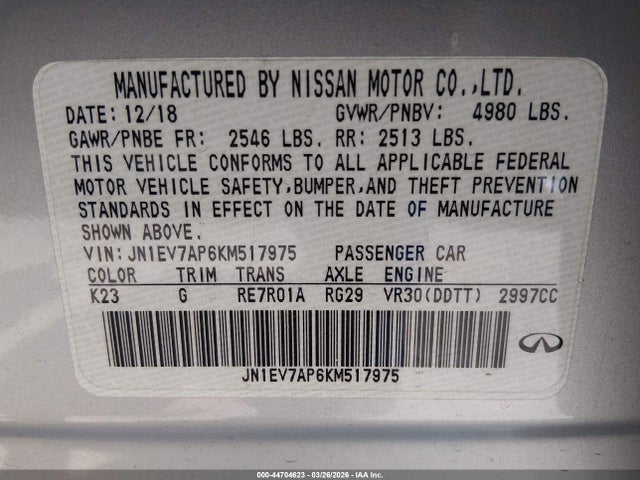 Продаж на аукціоні авто 2019 Infiniti Q50 3.0t Luxe, vin: JN1EV7AP6KM517975, номер лоту: 44704623