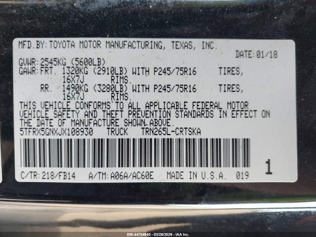 5TFRX5GNXJX108930 Toyota Tacoma Sr