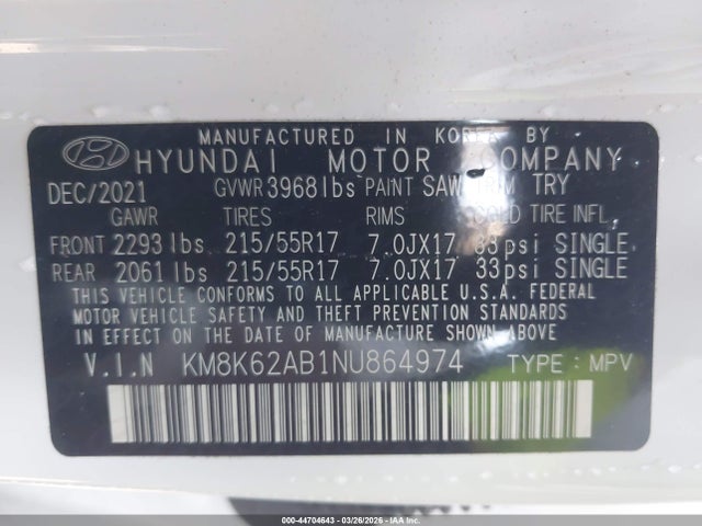 2022 Hyundai Kona Sel მანქანა იყიდება აუქციონზე, vin: KM8K62AB1NU864974, აუქციონის ნომერი: 44704643