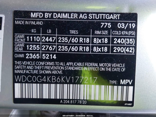 44704651 :رقم المزاد ، WDC0G4KB6KV177217 vin ، 2019 Mercedes-benz Glc 300 4matic مزاد بيع