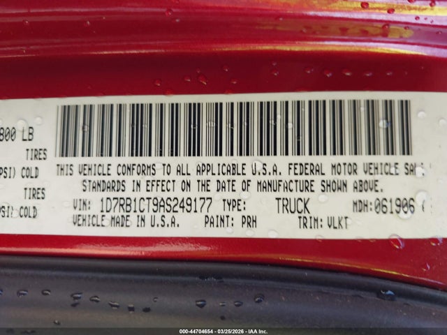 44704654 :رقم المزاد ، 1D7RB1CT9AS249177 vin ، 2010 Dodge Ram 1500 Laramie مزاد بيع