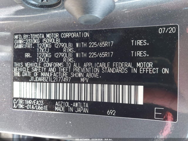 Aukcja sprzedaży 2020 Lexus Nx 300, vin: JTJDARBZ1L2177497, numer aukcji: 44704656