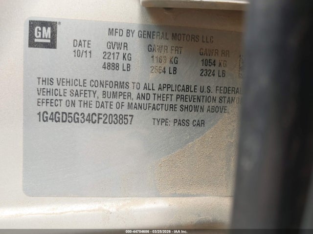 Aukcja sprzedaży 2012 Buick Lacrosse Premium 1 Group, vin: 1G4GD5G34CF203857, numer aukcji: 44704686