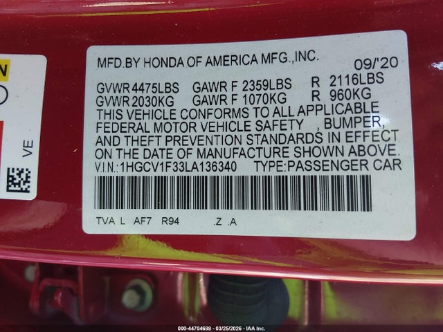 Aukcja sprzedaży 2020 Honda Accord Sport, vin: 1HGCV1F33LA136340, numer aukcji: 44704688