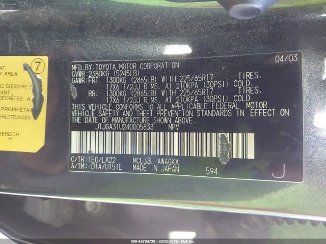 Aukcja sprzedaży 2004 Lexus Rx 330, vin: JTJGA31U240005833, numer aukcji: 44704720