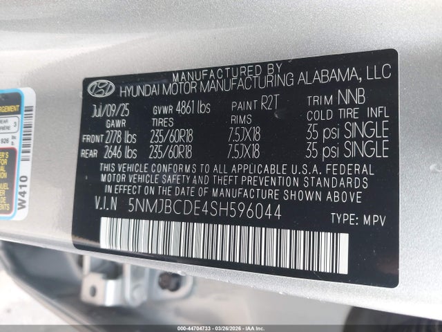 Продажа на аукционе авто 2025 Hyundai Tucson Sel, vin: 5NMJBCDE4SH596044, номер лота: 44704733