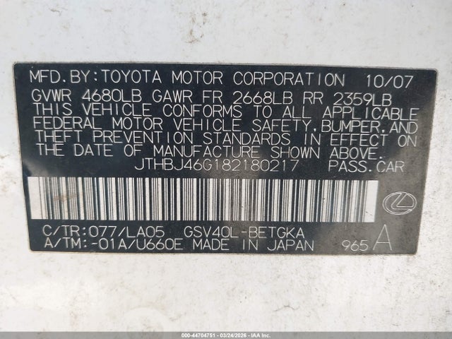 Aukcja sprzedaży 2008 Lexus Es 350, vin: JTHBJ46G182180217, numer aukcji: 44704751
