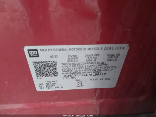 Aukcja sprzedaży 2023 Chevrolet Equinox Awd Lt, vin: 3GNAXUEG4PS199917, numer aukcji: 44704754
