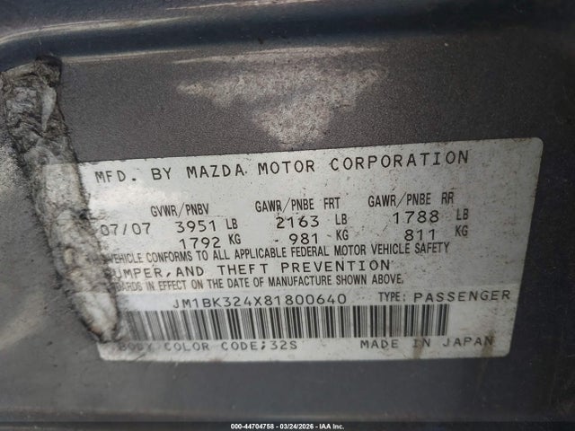 Продажа на аукционе авто 2008 Mazda Mazda3 S Touring, vin: JM1BK324X81800640, номер лота: 44704758