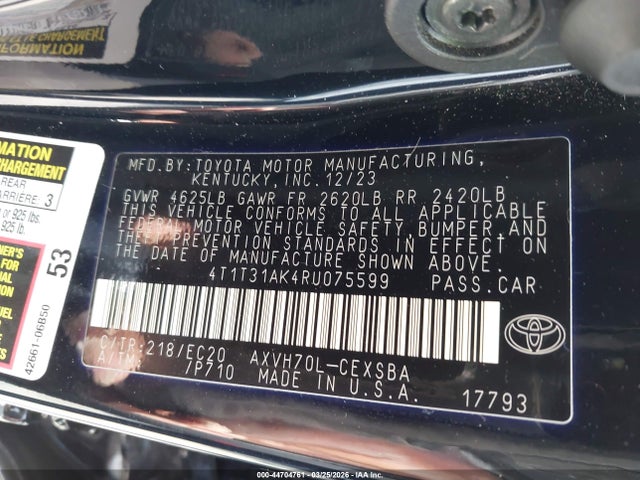 Aukcja sprzedaży 2024 Toyota Camry Hybrid Se Nightshade, vin: 4T1T31AK4RU075599, numer aukcji: 44704761