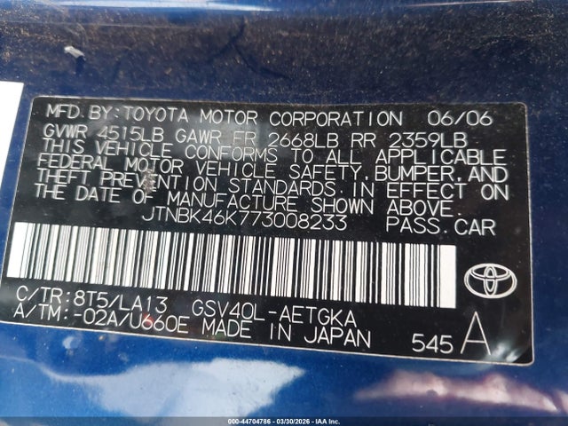 Продажа на аукционе авто 2007 Toyota Camry Le V6/se V6/xle V6, vin: JTNBK46K773008233, номер лота: 44704786