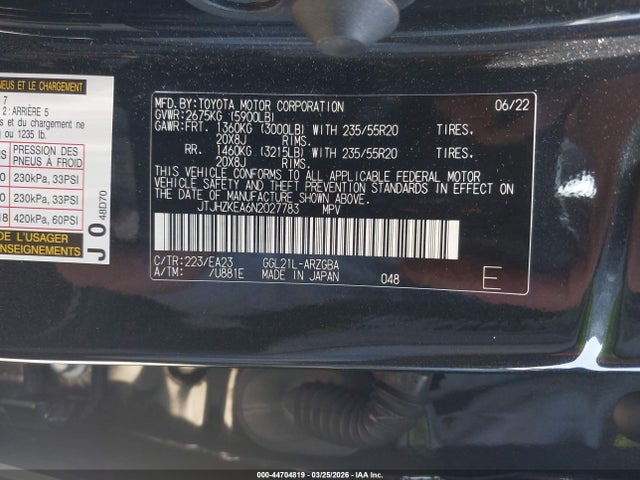 44704819 :رقم المزاد ، JTJHZKEA6N2027783 vin ، 2022 Lexus Rx 350l مزاد بيع