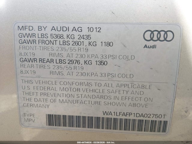 Aukcja sprzedaży 2013 Audi Q5 2.0t Premium, vin: WA1LFAFP1DA027501, numer aukcji: 44704838