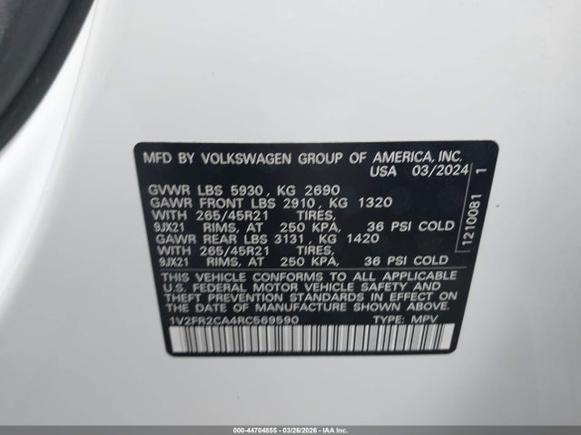 Продажа на аукционе авто 2024 Volkswagen Atlas 2.0t Sel Premium R-line, vin: 1V2FR2CA4RC569590, номер лота: 44704855