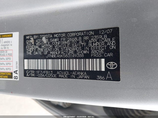 Aukcja sprzedaży 2008 Toyota Camry Le, vin: JTNBE46K583149388, numer aukcji: 44704857