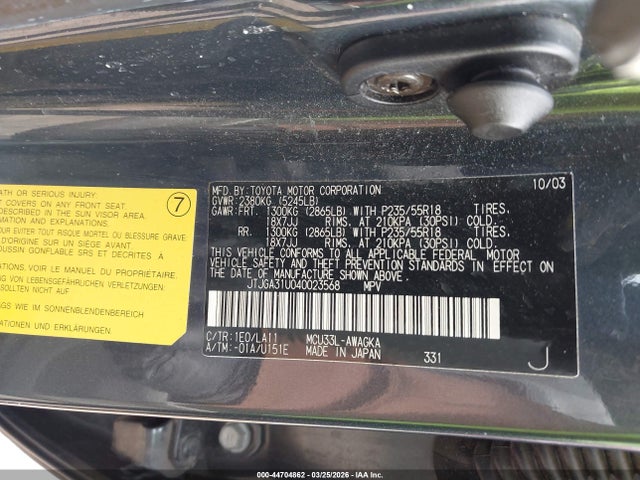 44704862 :رقم المزاد ، JTJGA31U040023568 vin ، 2004 Lexus Rx 330 مزاد بيع