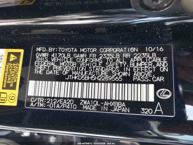 Aukcja sprzedaży 2017 Lexus Ct Ct 200h F Sport, vin: JTHKD5BH5H2289565, numer aukcji: 44704872