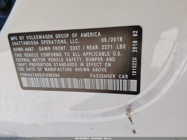 44704873 :رقم المزاد ، 1VWAA7A33JC038399 vin ، 2018 Volkswagen Passat 2.0t R-line/2.0t S مزاد بيع