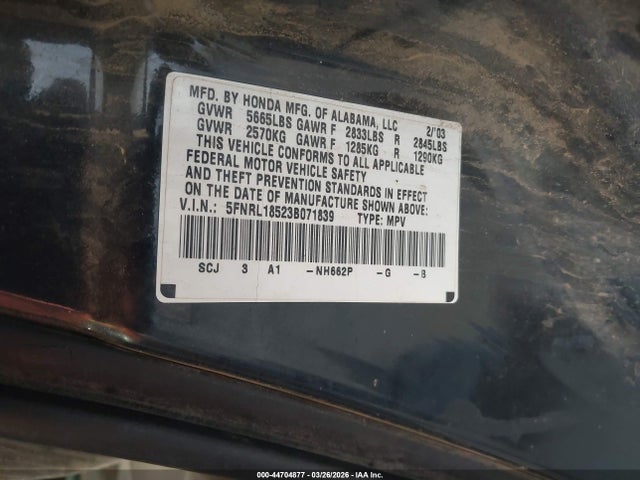 Aukcja sprzedaży 2003 Honda Odyssey Lx, vin: 5FNRL18523B071839, numer aukcji: 44704877