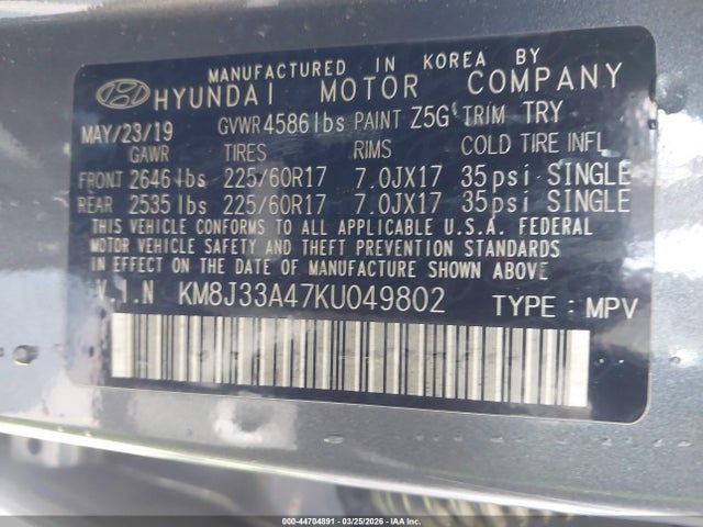 2019 Hyundai Tucson Value მანქანა იყიდება აუქციონზე, vin: KM8J33A47KU049802, აუქციონის ნომერი: 44704891
