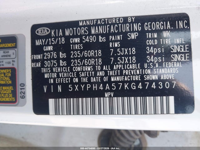 Продажа на аукционе авто 2019 Kia Sorento 3.3l Ex, vin: 5XYPH4A57KG474307, номер лота: 44704895