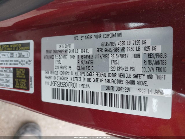 44704910 :رقم المزاد ، JM3ER2B55B0407001 vin ، 2011 Mazda Cx-7 I Sport مزاد بيع