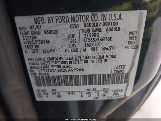 Продажа на аукционе авто 2002 Ford F-250 Lariat/xl/xlt, vin: 1FTNX21SX2EA22266, номер лота: 44704911