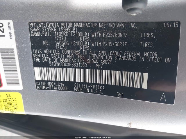 5TDYK3DCXFS631363 Toyota Sienna Xle Premium 8 Passenger