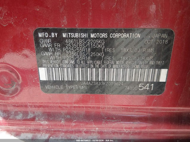 44704922 :رقم المزاد ، JA4AZ3A33KZ019624 vin ، 2019 Mitsubishi Outlander Sel مزاد بيع