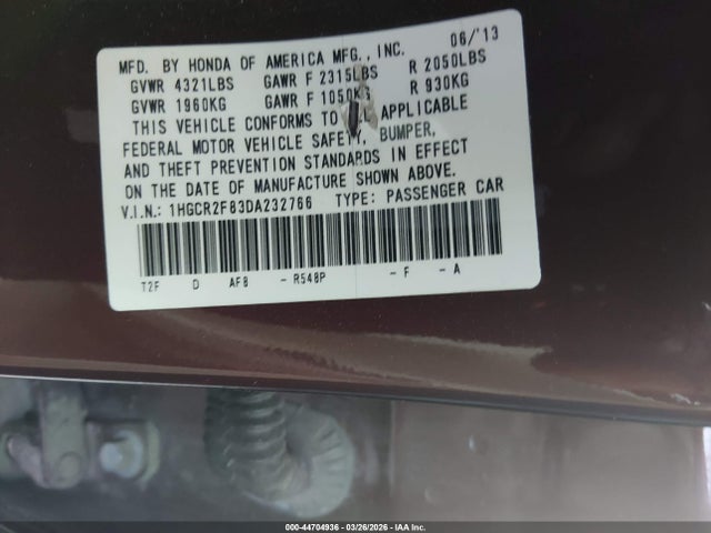 Aukcja sprzedaży 2013 Honda Accord Ex-l, vin: 1HGCR2F83DA232766, numer aukcji: 44704936