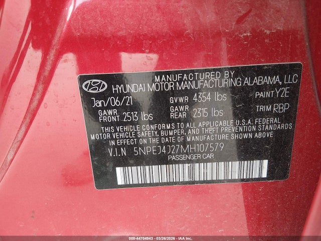 44704943 :رقم المزاد ، 5NPEJ4J27MH107579 vin ، 2021 Hyundai Sonata Sel Plus مزاد بيع