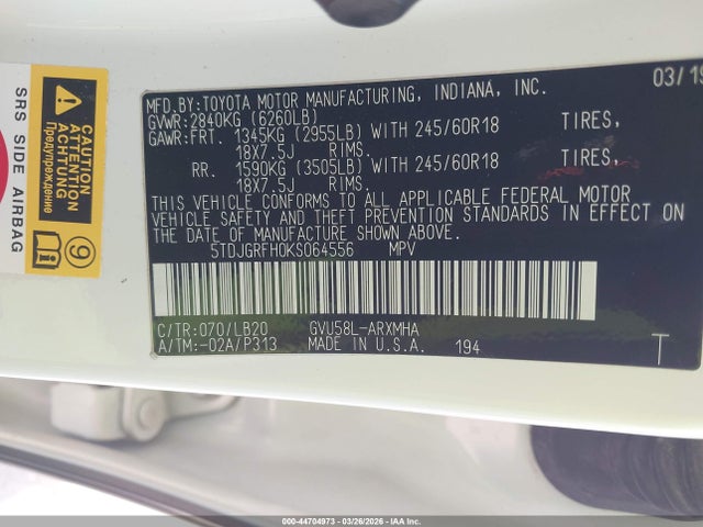 5TDJGRFH0KS064556 Toyota Highlander Hybrid Xle