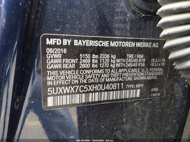 Продаж на аукціоні авто 2017 Bmw X3 Xdrive35i, vin: 5UXWX7C5XH0U40811, номер лоту: 44705001