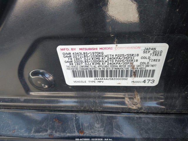44705005 :رقم المزاد ، JA4AR4AU5BZ000992 vin ، 2011 Mitsubishi Outlander Sport Se مزاد بيع